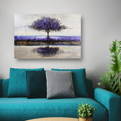 Paarse boom in abstract landschap schilderij canvas met baklijst
