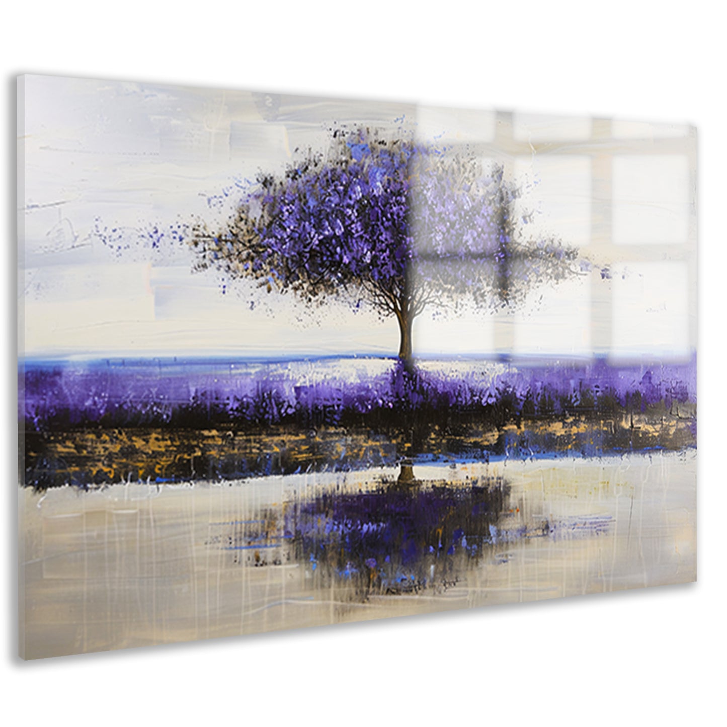 Paarse boom in abstract landschap schilderij acrylglas