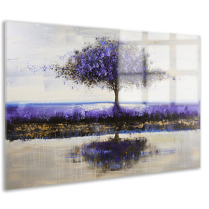 Paarse boom in abstract landschap schilderij acrylglas