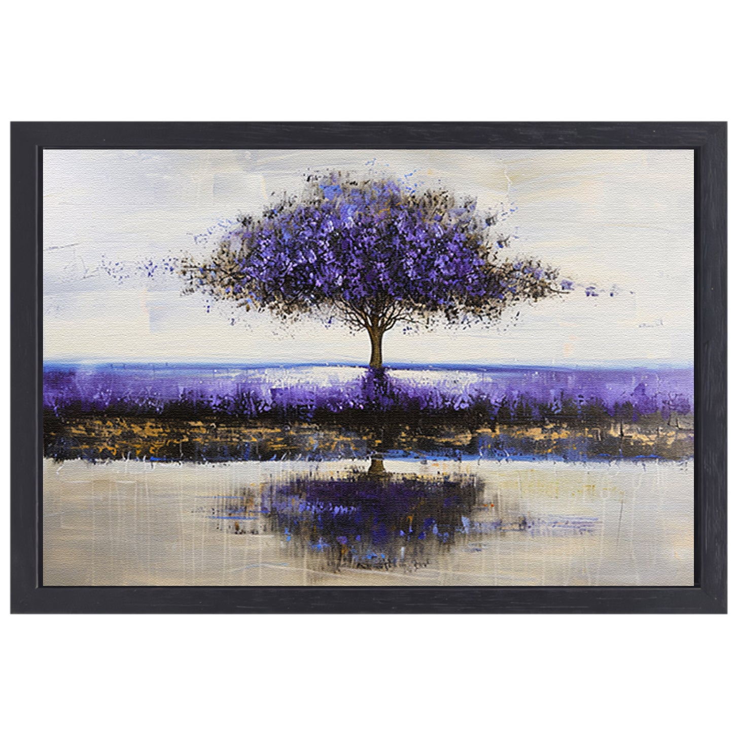 Paarse boom in abstract landschap schilderij canvas met baklijst