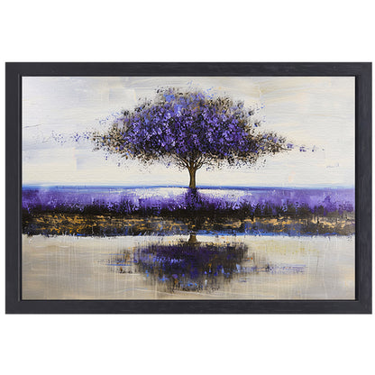 Paarse boom in abstract landschap schilderij canvas met baklijst