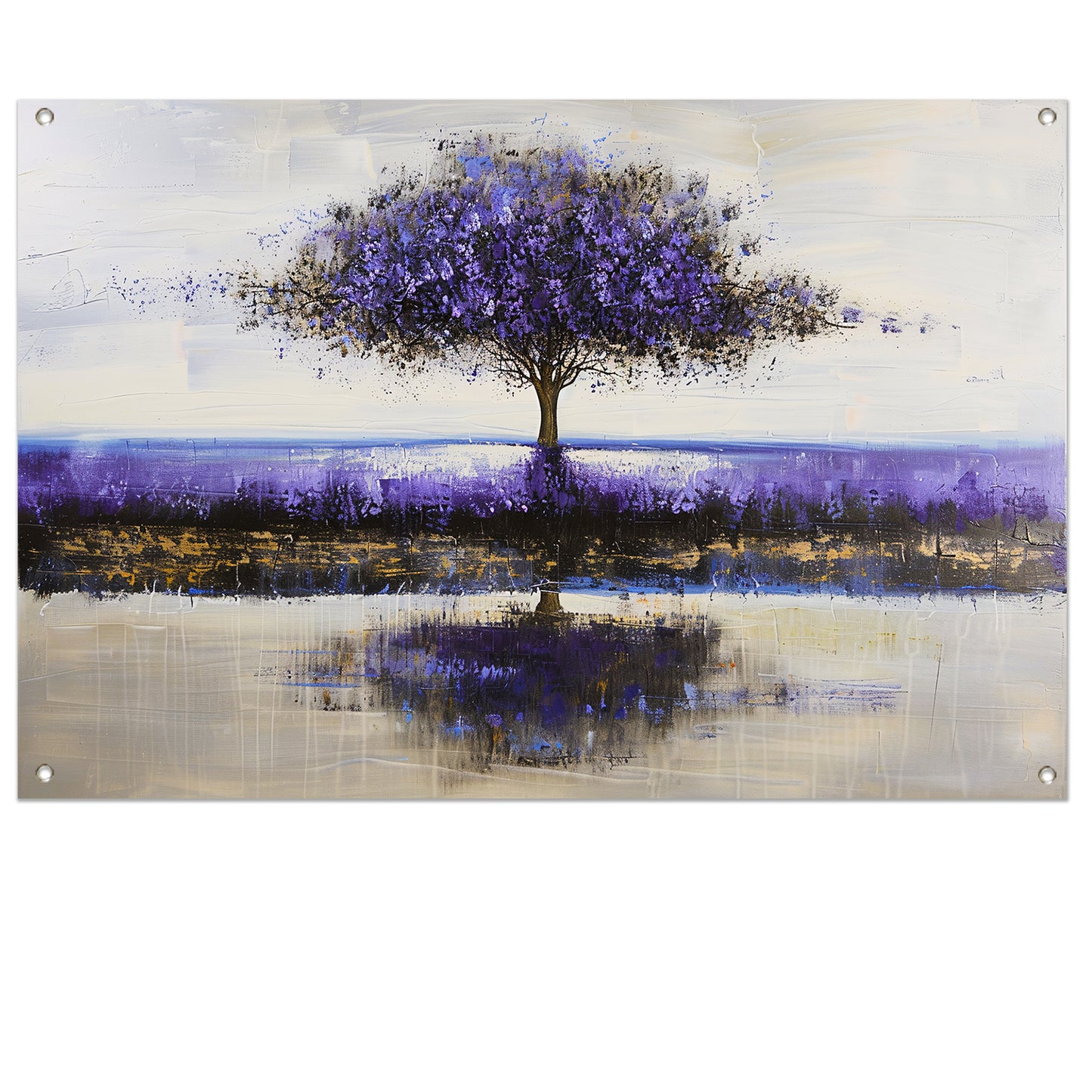 Paarse boom in abstract landschap schilderij tuinposter