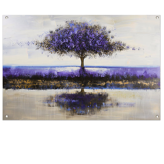Paarse boom in abstract landschap schilderij tuinposter