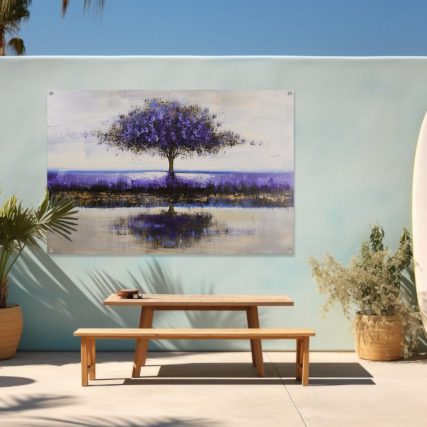 Paarse boom in abstract landschap schilderij tuinposter