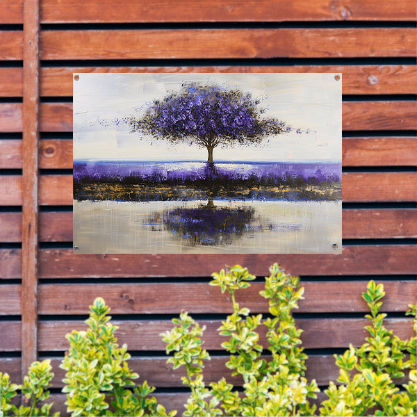 Paarse boom in abstract landschap schilderij tuinposter