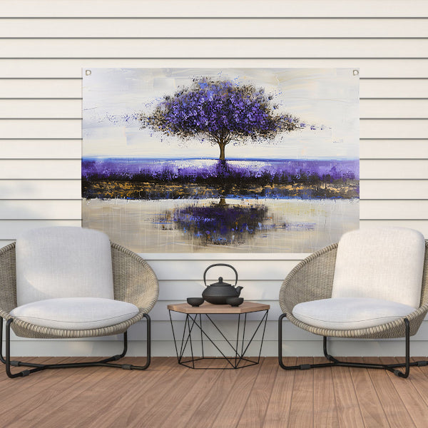 Paarse boom in abstract landschap schilderij tuinposter