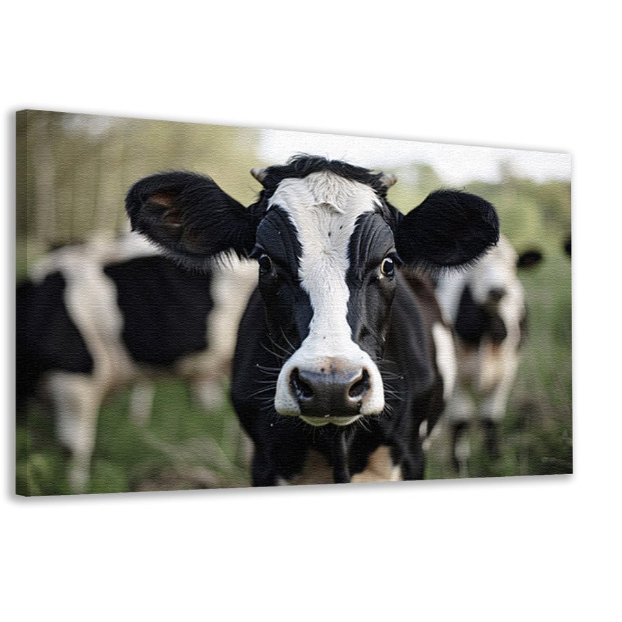 Zwart-witte koe in close-up buitenomgeving   canvas