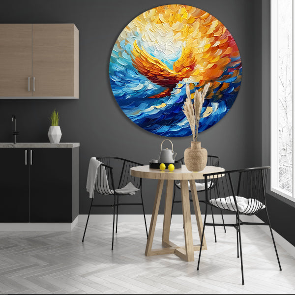 Kleurrijk abstract schilderij van vliegende adelaar aluminium muurcirkel