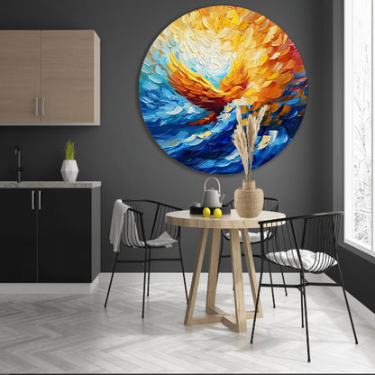 Kleurrijk abstract schilderij van vliegende adelaar aluminium muurcirkel