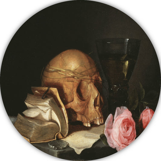 Een Vanitas-stilleven met een schedel, een boek en rozen - Jan Davidsz. de Heem aluminium muurcirkel