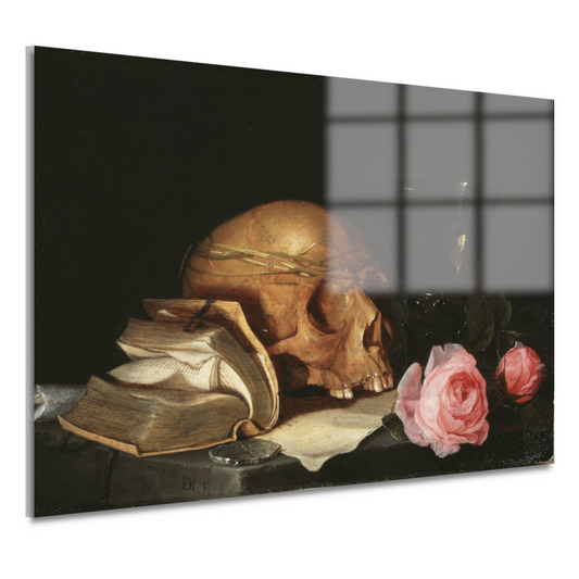 Een Vanitas-stilleven met een schedel, een boek en rozen - Jan Davidsz. de Heem acrylglas