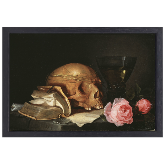 Een Vanitas-stilleven met een schedel, een boek en rozen - Jan Davidsz. de Heem canvas met baklijst