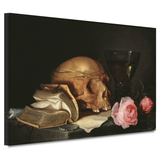 Een Vanitas-stilleven met een schedel, een boek en rozen - Jan Davidsz. de Heem canvas