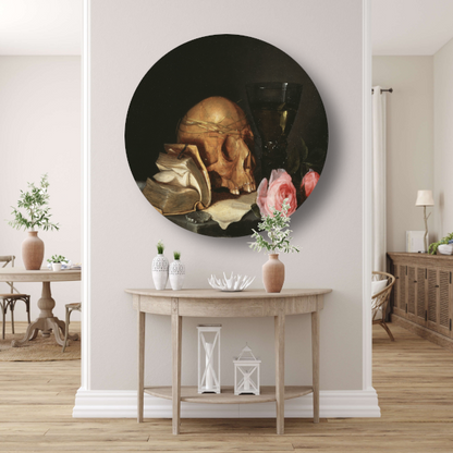Een Vanitas-stilleven met een schedel, een boek en rozen - Jan Davidsz. de Heem aluminium muurcirkel