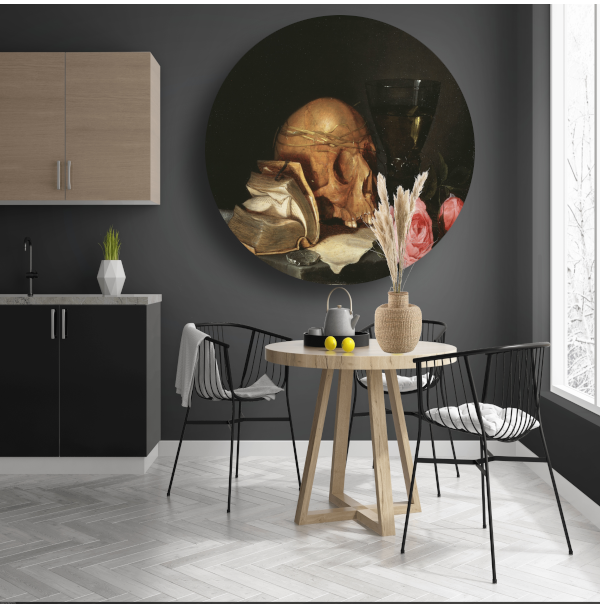 Een Vanitas-stilleven met een schedel, een boek en rozen - Jan Davidsz. de Heem aluminium muurcirkel
