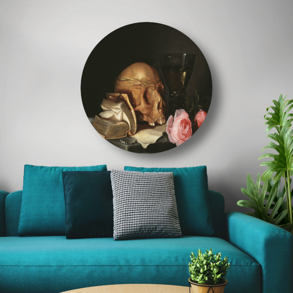 Een Vanitas-stilleven met een schedel, een boek en rozen - Jan Davidsz. de Heem aluminium muurcirkel