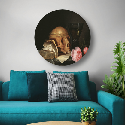Een Vanitas-stilleven met een schedel, een boek en rozen - Jan Davidsz. de Heem aluminium muurcirkel