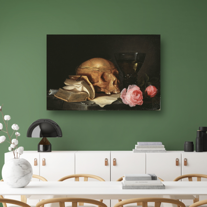 Een Vanitas-stilleven met een schedel, een boek en rozen - Jan Davidsz. de Heem poster