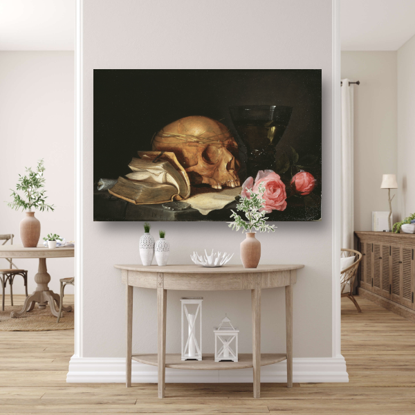 Een Vanitas-stilleven met een schedel, een boek en rozen - Jan Davidsz. de Heem poster