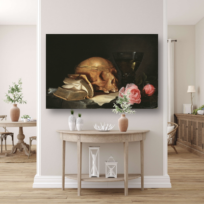 Een Vanitas-stilleven met een schedel, een boek en rozen - Jan Davidsz. de Heem poster
