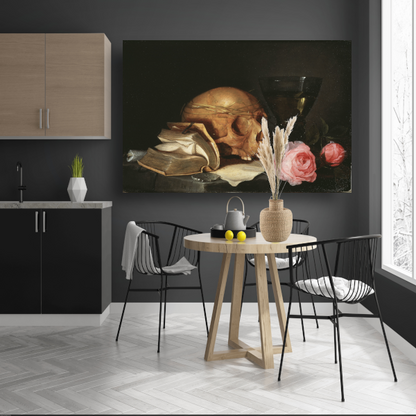 Een Vanitas-stilleven met een schedel, een boek en rozen - Jan Davidsz. de Heem poster