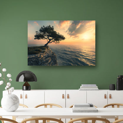 Eenzame boom op klif bij zonsondergang canvas