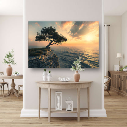 Eenzame boom op klif bij zonsondergang canvas