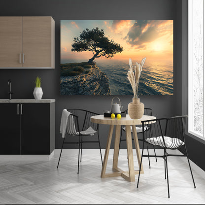 Eenzame boom op klif bij zonsondergang canvas