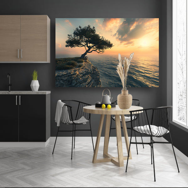 Eenzame boom op klif bij zonsondergang acrylglas