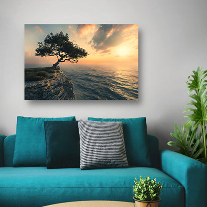 Eenzame boom op klif bij zonsondergang acrylglas