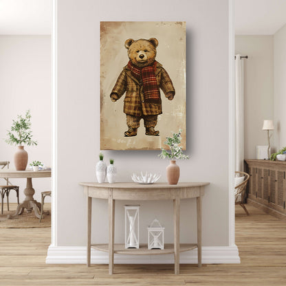 Klassieke Teddybeer in Geruite Jas en Sjaal canvas
