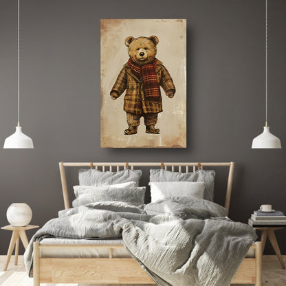Klassieke Teddybeer in Geruite Jas en Sjaal canvas