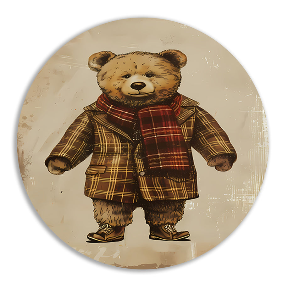 Klassieke Teddybeer in Geruite Jas en Sjaal aluminium muurcirkel