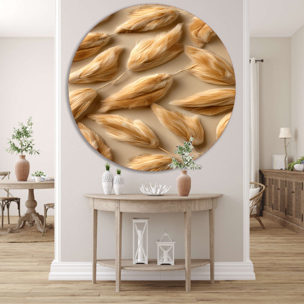 Abstracte Veren in Beige aluminium muurcirkel