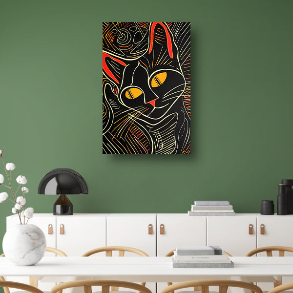 Kleurrijke lijntekening van een kat canvas