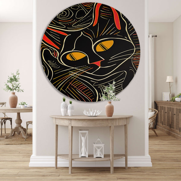 Kleurrijke lijntekening van een kat aluminium muurcirkel