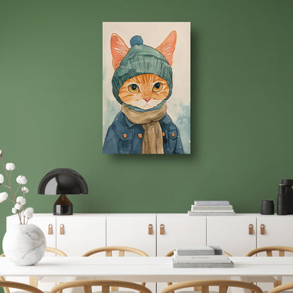 Digitale kunst van een kat met winterkleding canvas met baklijst