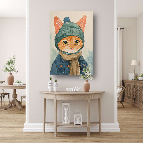 Digitale kunst van een kat met winterkleding canvas met baklijst
