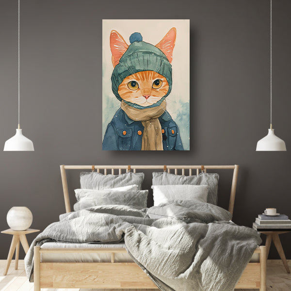 Digitale kunst van een kat met winterkleding canvas met baklijst