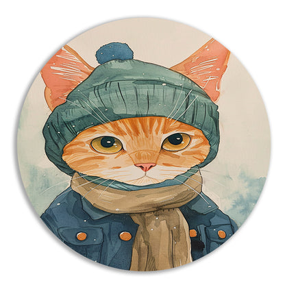 Digitale kunst van een kat met winterkleding aluminium muurcirkel