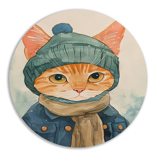 Digitale kunst van een kat met winterkleding aluminium muurcirkel