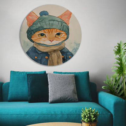 Digitale kunst van een kat met winterkleding aluminium muurcirkel
