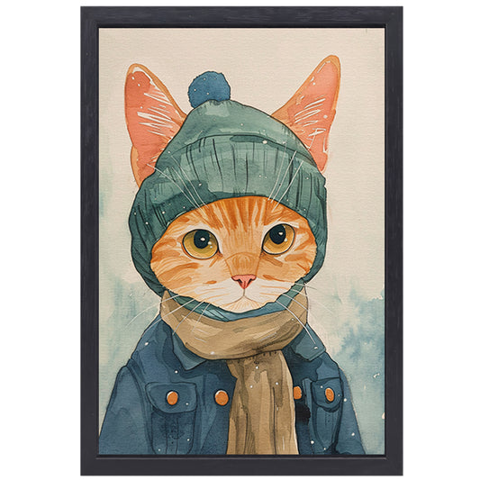 Digitale kunst van een kat met winterkleding canvas met baklijst