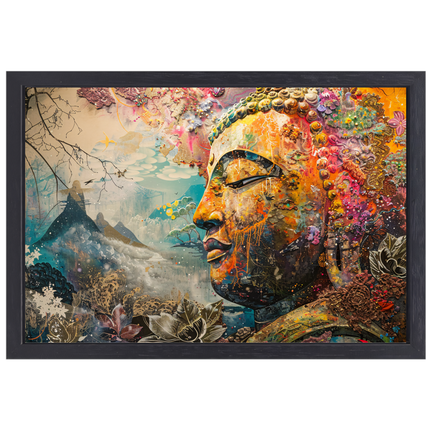 Eclectische Boeddha met Kleurrijke Achtergrond canvas met baklijst