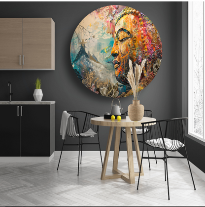 Eclectische Boeddha met Kleurrijke Achtergrond aluminium muurcirkel
