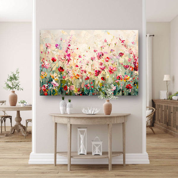 Kleurvol schilderij van een bloemenveld canvas met baklijst