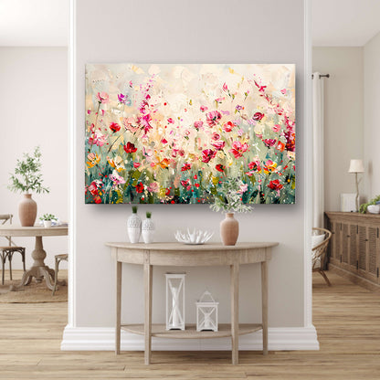 Kleurvol schilderij van een bloemenveld poster