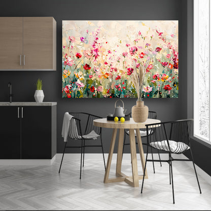 Kleurvol schilderij van een bloemenveld poster