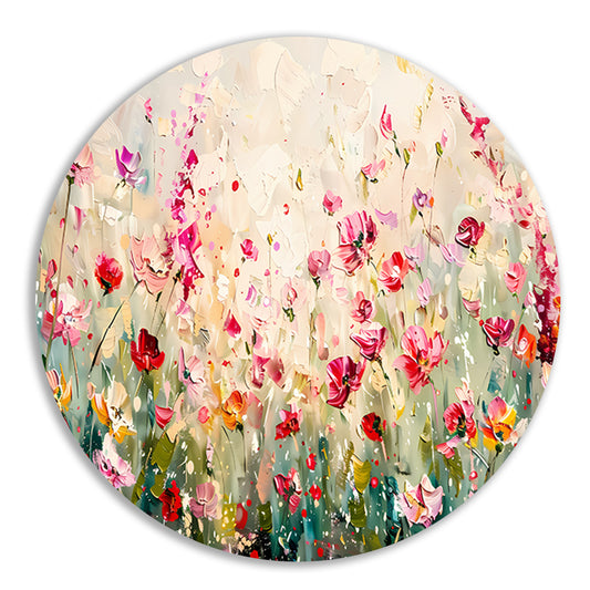 Kleurvol schilderij van een bloemenveld aluminium muurcirkel