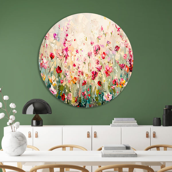 Kleurvol schilderij van een bloemenveld aluminium muurcirkel